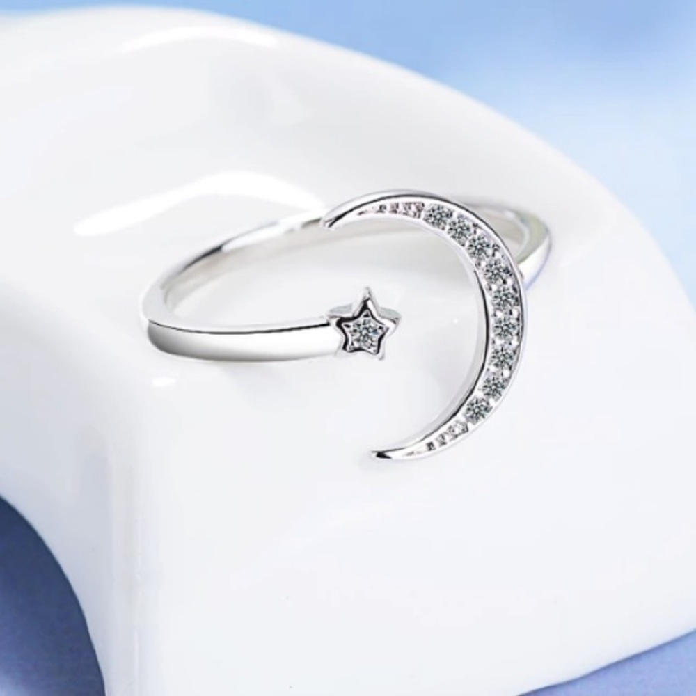 *Sterling Silver Diamond Moon Star Adjustable Ring - Picture 4 of 6